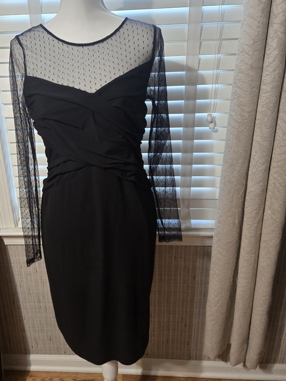 Vince Camuto Ruched Black Sheer Dot Sleeve Cocktail Dress